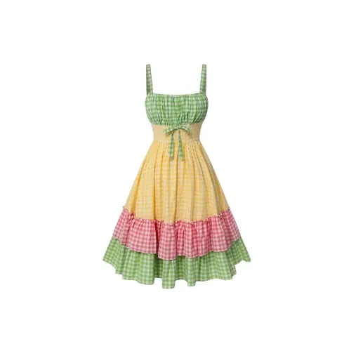 Straps Plaid Patchwork Dress